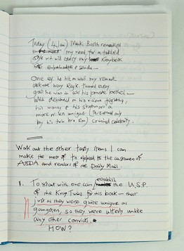 (Pearson, John - Ms. Notebook, The Kray Twins) a med. octavo cloth bound ruled notebk of approx. 120 used pages; apparently compiled for the author's third (& final) book on this subject - 'Notorious: the immortal legend